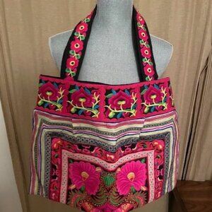 Large Mexican Tote Bag with Bright Pink Embroidered Floral Designs